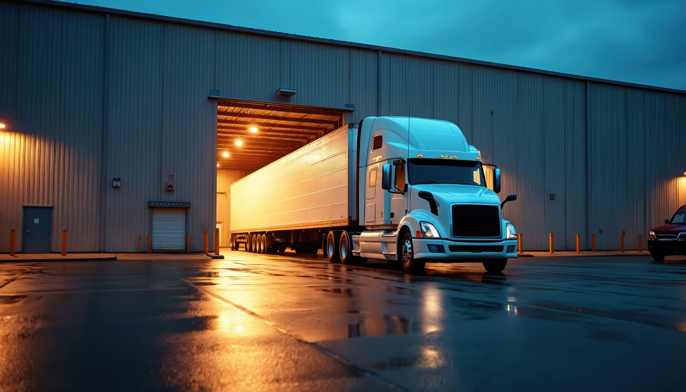 Semi truck at a warehouse loading dock at night — AlphaGator Logistics freight brokerage Odenton Maryland